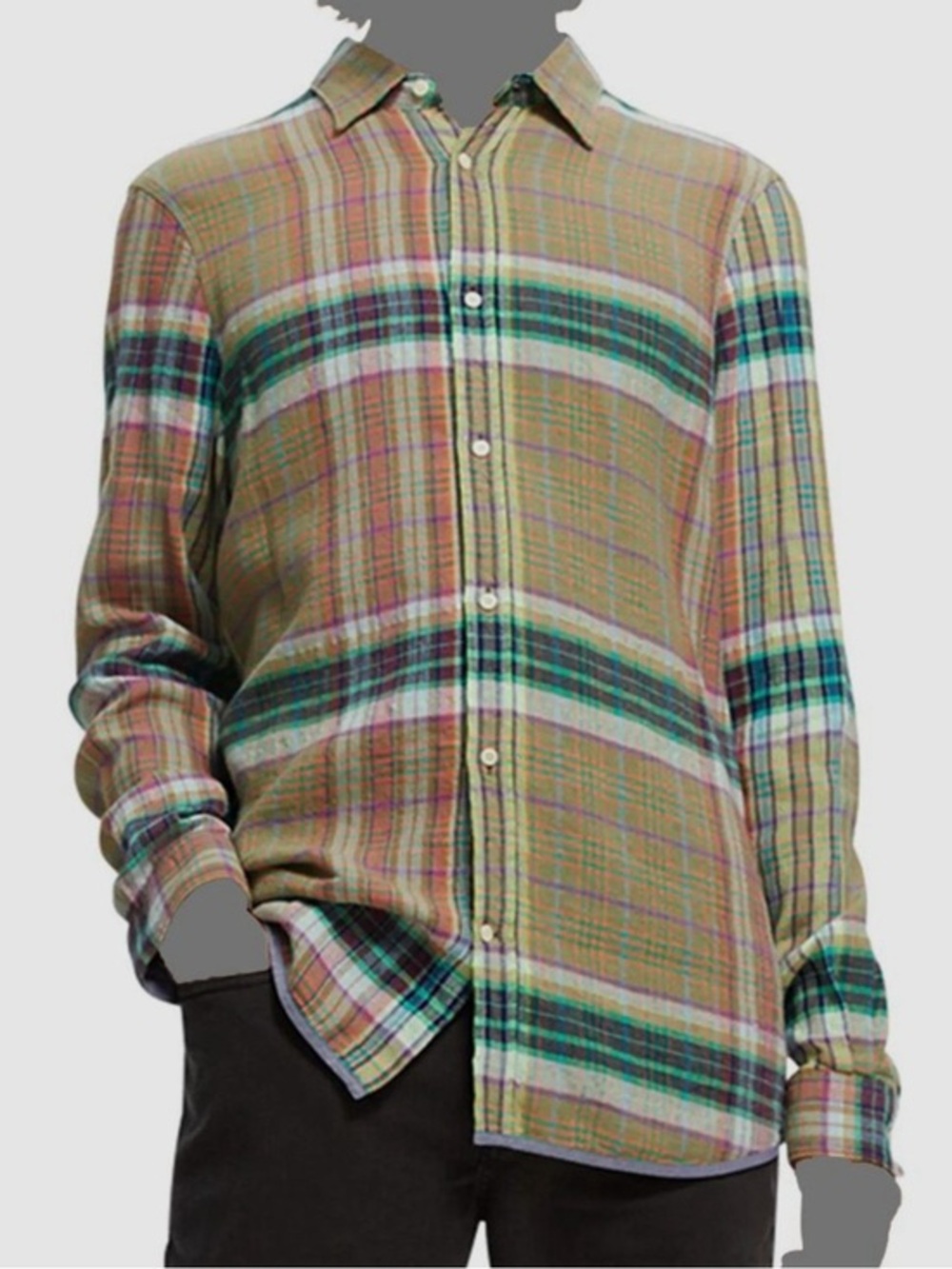 Scotch & Soda Linen Blend Button Up Plaid Long Sleeve Shirt Men’s Size Small